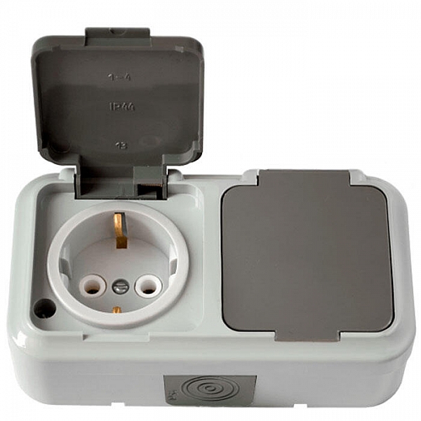 Розетка Bylectrica Пралеска Аква РА16-303(03) 2 места IP54 брызгозащищенная открытой установки с заземлением серый