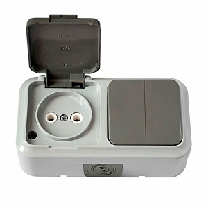 Блок Bylectrica Пралеска аква 2В-РЦ-655(03) выключатель 2 клавиши + розетка без заземления брызгозащищенная серый