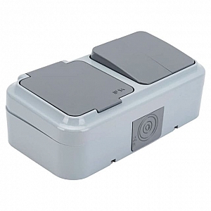 Блок Bylectrica Пралеска аква 2В-РЦ-655(03) выключатель 2 клавиши + розетка без заземления брызгозащищенная серый. Изображение - 1