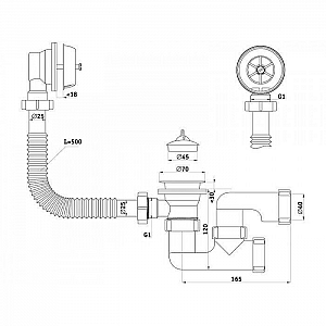 Сифон для ванны Анипласт E055 с выпуском и переливом плоский с гибкой трубой 40*40/50. Изображение - 1