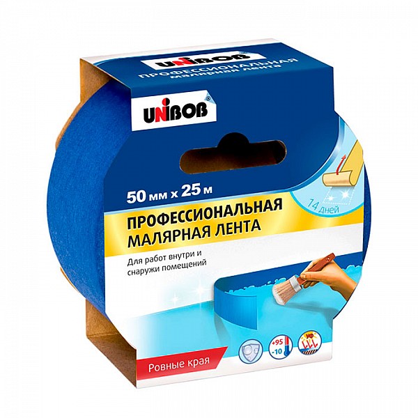Лента клейкая малярная Unibob профессиональная для наружных работ 50 мм*25 м синяя