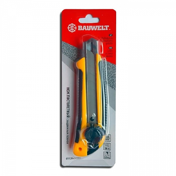 Нож Bauwelt 01120-061804 пистолетный с выдвижным лезвием 18 мм + 2 лезвия