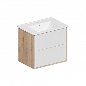 Тумба подвесная ЗОВ Женева 60 Дуб Медовый/Белый глянец Push-to-open + умывальник Creavit Su 60