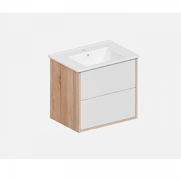 Тумба подвесная ЗОВ Женева 60 Дуб Медовый/Белый глянец Push-to-open + умывальник Creavit Su 60