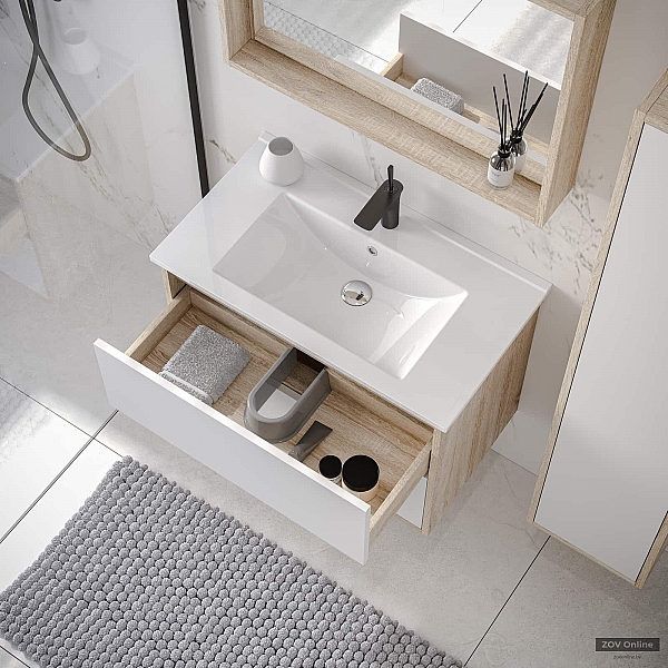 Тумба подвесная ЗОВ Женева 60 Дуб Медовый/Белый глянец Push-to-open + умывальник Creavit Su 60