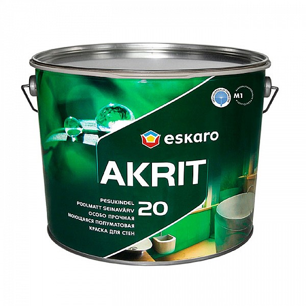Краска Eskaro Akrit 20 особо прочная моющаяся полуматовая для стен 9.5 л