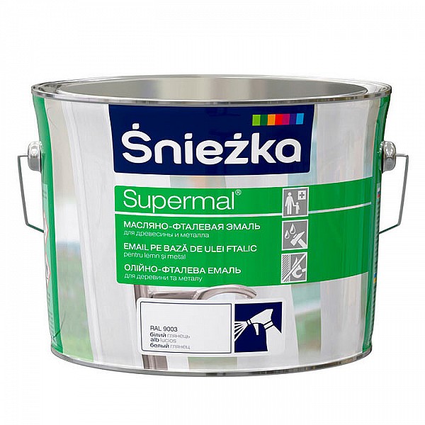 Эмаль масляно - фталевая Sniezka Supermal для дерева и металла 2.5 л белая глянцевая