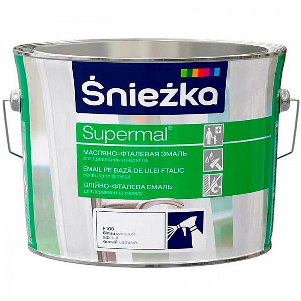Эмаль масляно - фталевая Sniezka Supermal для дерева и металла 2.5 л белая матовая