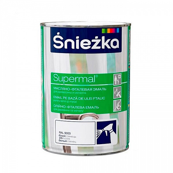 Эмаль масляно - фталевая Sniezka Supermal для дерева и металла 0.8 л белая глянцевая