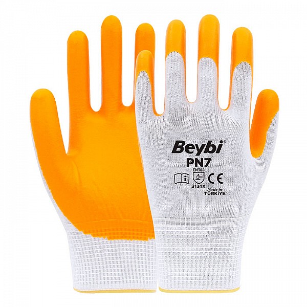 Перчатки с нитриловым покрытием Beybi PN-7 жёлто-белые размер 10