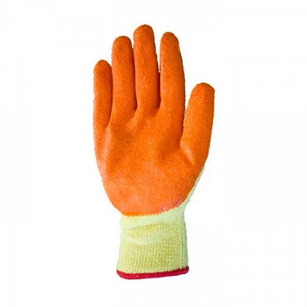 Перчатки хлопчатобумажные желтые 2-й класс вязки с оранжевым вспененным покрытием на ладони 10 класс вязки размер 10