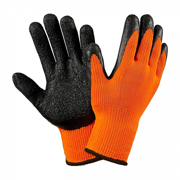 Перчатки полиэстеровые Profmaer с латексным покрытием 10 класс вязки с внутренней ворсовой подкладкой оранжевые с ярлыкодержателем