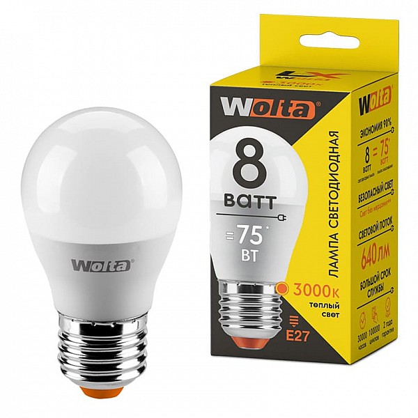 Лампа светодиодная Wolta LX 30Y45GL8E27 G45 8Вт E27 3000К