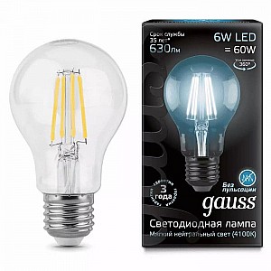 Лампа светодиодная Gauss Filament F-LED6-A60-4100K-E27 630Lm филаментная 102802206