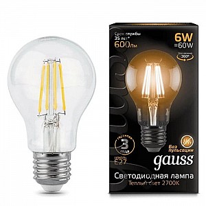 Лампа светодиодная Gauss Filament F-LED6-A60-2700K-E27 600Lm филаментная 102802106