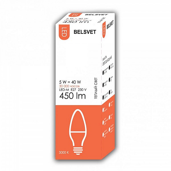 Лампа светодиодная Belsvet LED-M C37 5W 3000K E27