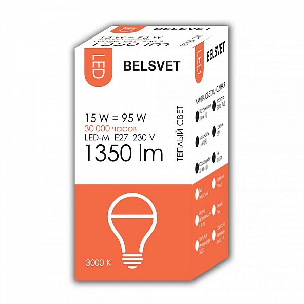 Лампа светодиодная Belsvet LED-M A60 15W 3000K E27