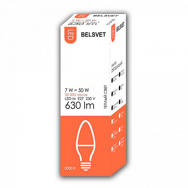 Лампа светодиодная Belsvet LED-M C37 7W 3000K E27
