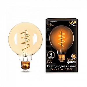 Лампа светодиодная Gauss LED Filament G95 Flexible 6W E27 Golden 360Lm 2400K 105802007