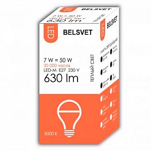 Лампа светодиодная Belsvet LED-M A60 7W 3000K E27