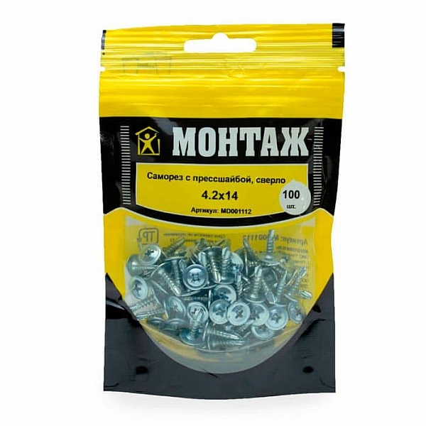 Саморез 4.2*14 мм Монтаж с прессшайбой острый цинк дой-пак S 100 шт