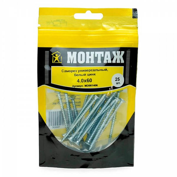 Саморез универсальный 4*60 мм Монтаж белый цинк дой-пак S 25 шт