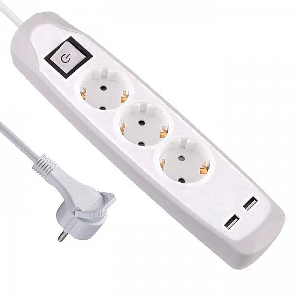 Удлинитель Electraline 62153 3 гнезда с двумя USB разъемами белый/серый