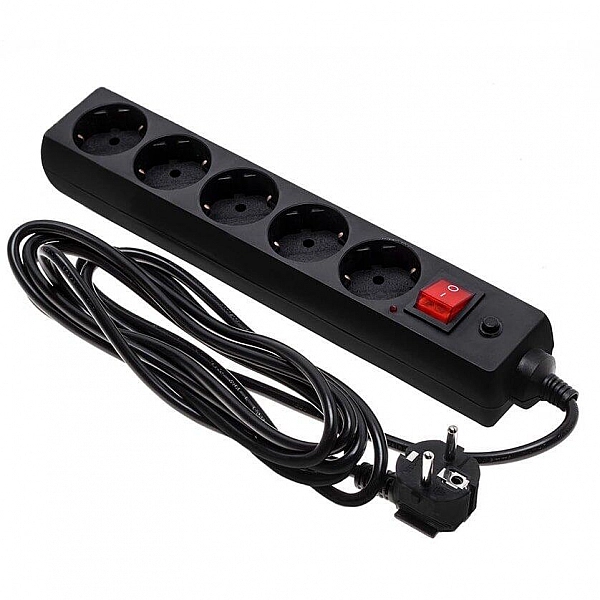 Удлинитель с сетевым фильтром ETP Security 77507 5 гнезд с заземлением с выключателем ПВС 3*1.5 мм.кв 3 м черный
