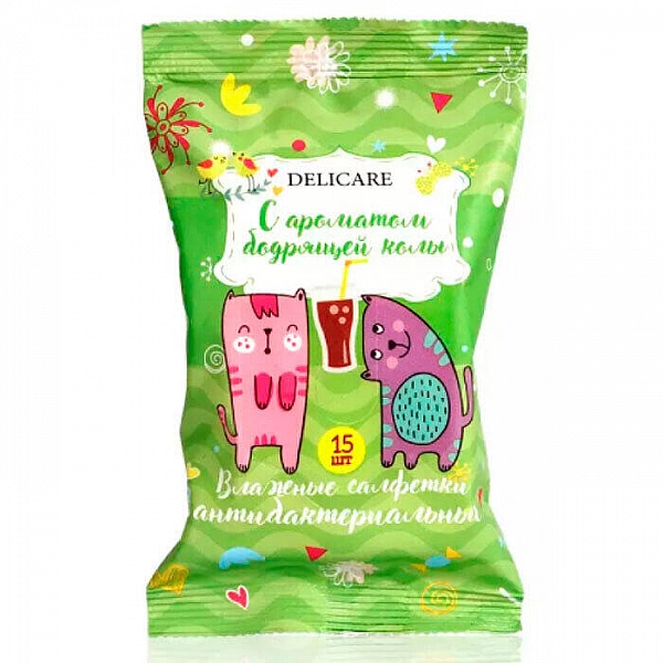 Салфетки влажные для детей Delicare Антибактериальные Коты 15 шт