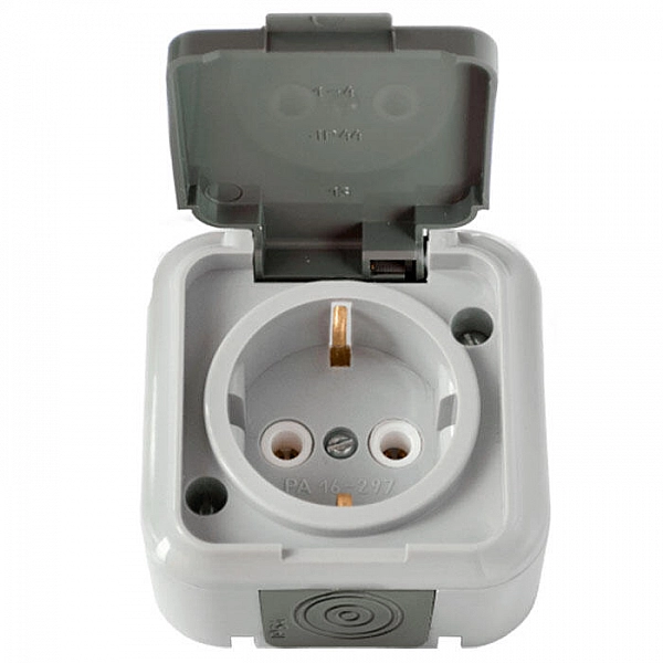 Розетка Bylectrica Пралеска Аква РА16-297(03) IP54 брызгозащищенная открытой установки с заземлением серый