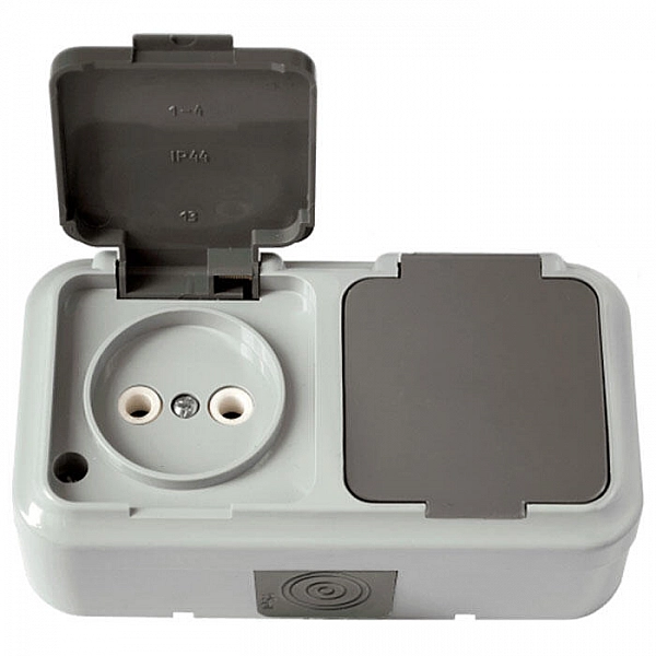 Розетка Bylectrica Пралеска Аква РА16-302(03) 2 места IP54 брызгозащищенная открытой установки без заземления серый
