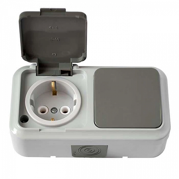 Блок Bylectrica Пралеска аква В-РЦ-657(03) выключатель 1 клавиша + розетка с заземлением с крышкой серый