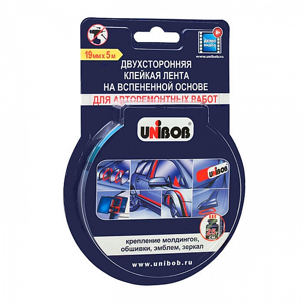 Лента клейкая двухсторонняя Unibob для авторемонтных работ 19 мм*5 м черная