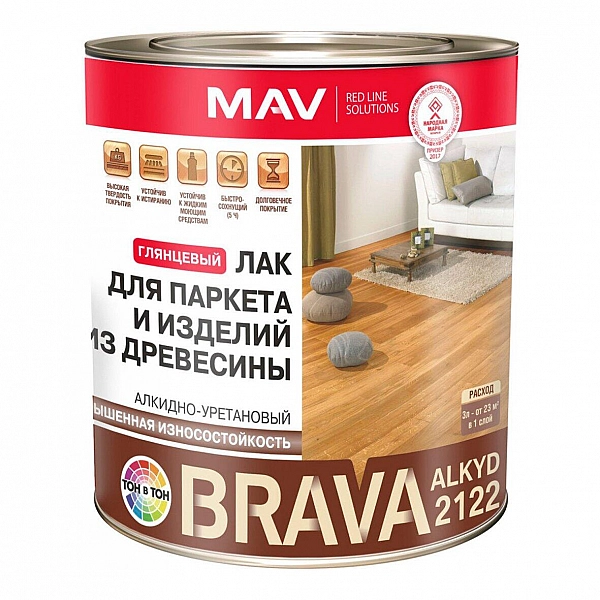 Лак MAV Brava Alkyd 2122 для паркета и изделий из древесины 1 л глянцевый