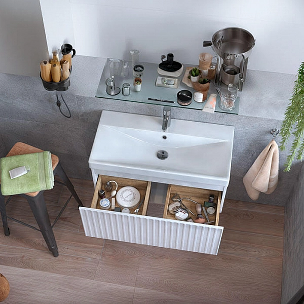 Тумба Velvex Compo 800-0-1 навесная белый глянец + умывальник Vigo Neo 9696-80