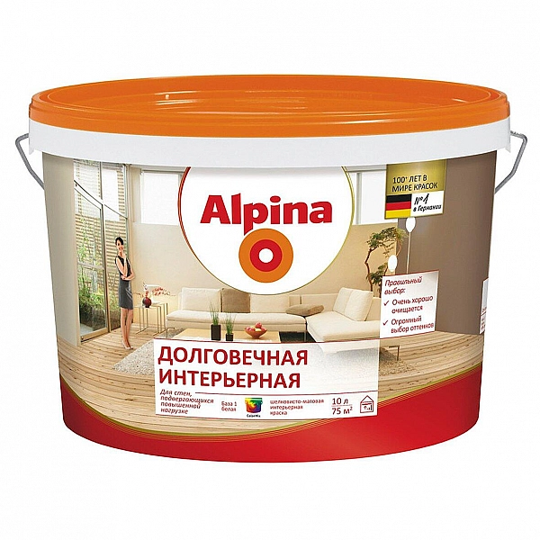 Краска Alpina Долговечная интерьерная База 1 14.4 кг 10 л белая
