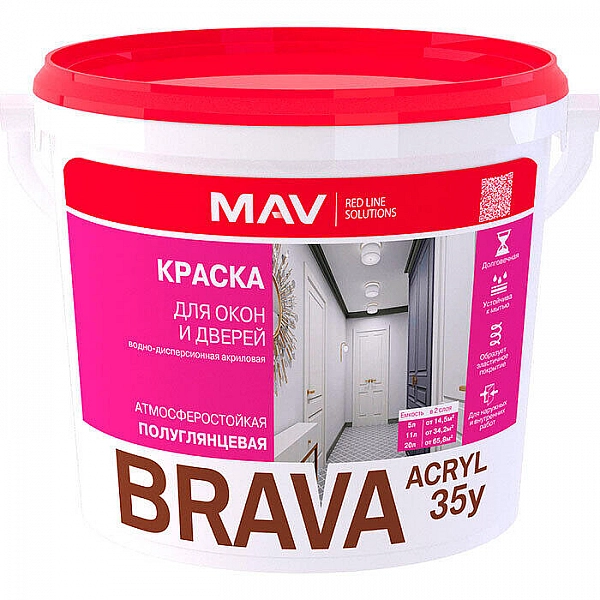 Краска MAV Brava Acryl 35у для окон и дверей 1 л белая полуглянцевая
