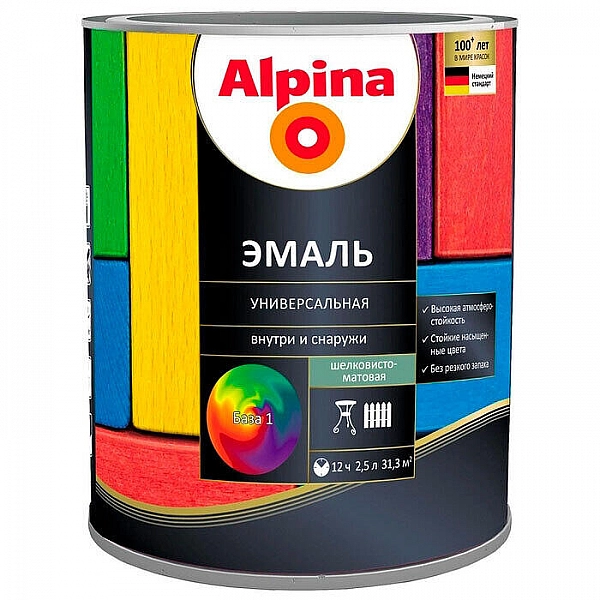 Эмаль Alpina универсальная База 1 шелковисто-матовая 2.5 л белая