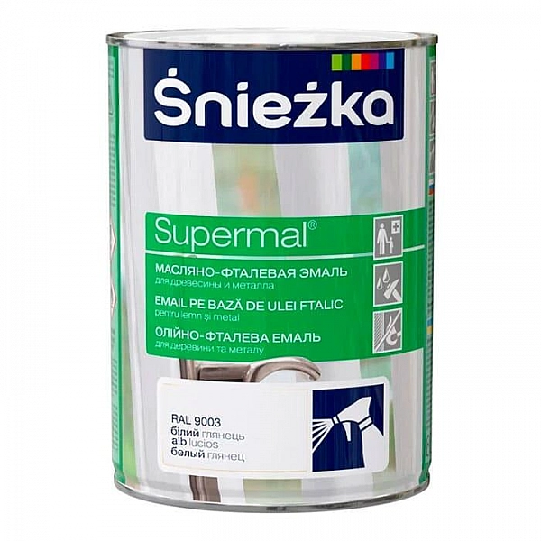 Эмаль масляно-фталевая Sniezka Supermal для дерева и металла 0.8 л белая