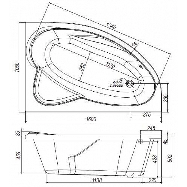 Ванна акриловая ВентоСпа Nika LA 160*105 см R без сифона, каркаса и крепления
