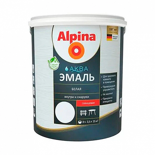 Эмаль Alpina Аква для окон и дверей 2.5 л белая