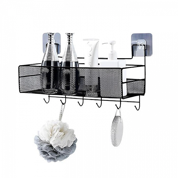 Полка для ванной комнаты Illu 240305-22A с крючками металлическая черная