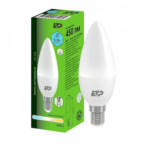 Лампа светодиодная ETP 35918 С35 5W Е14 4000К