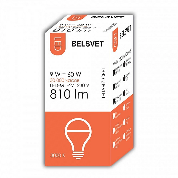 Лампа светодиодная Belsvet LED-M A60 9W 3000K E27