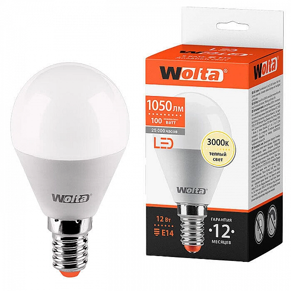 Лампа светодиодная Wolta 25Y45GL12E14 12Вт 3000К Е14