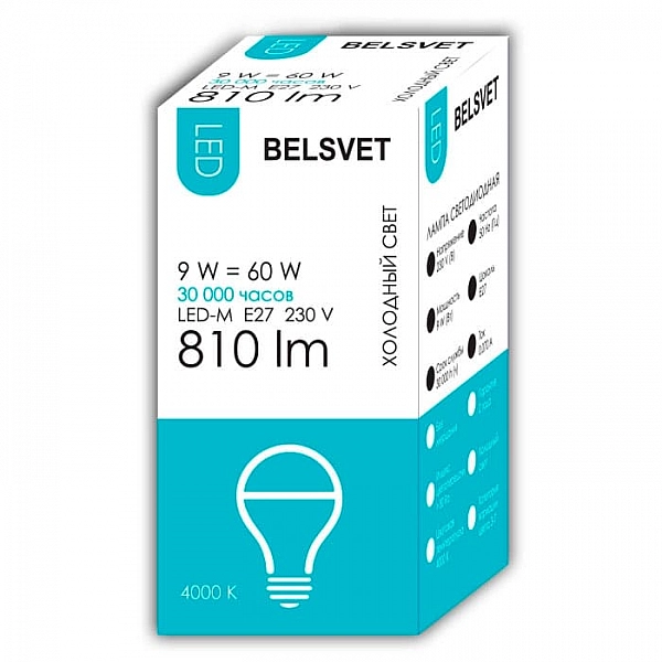Лампа светодиодная Belsvet LED-M A60 9W 4000K E27