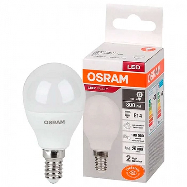 Лампа светодиодная Osram LVCLP75 10SW/840 P75 10Вт E14 4000К