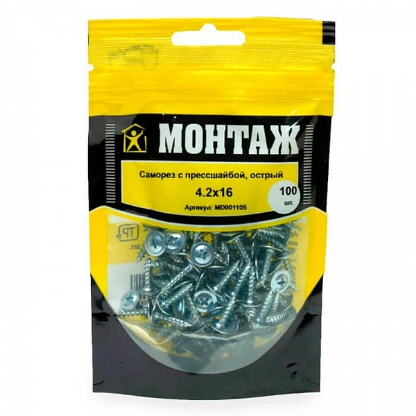 Саморез 4.2*16 мм Монтаж с прессшайбой острый цинк дой-пак S 100 шт
