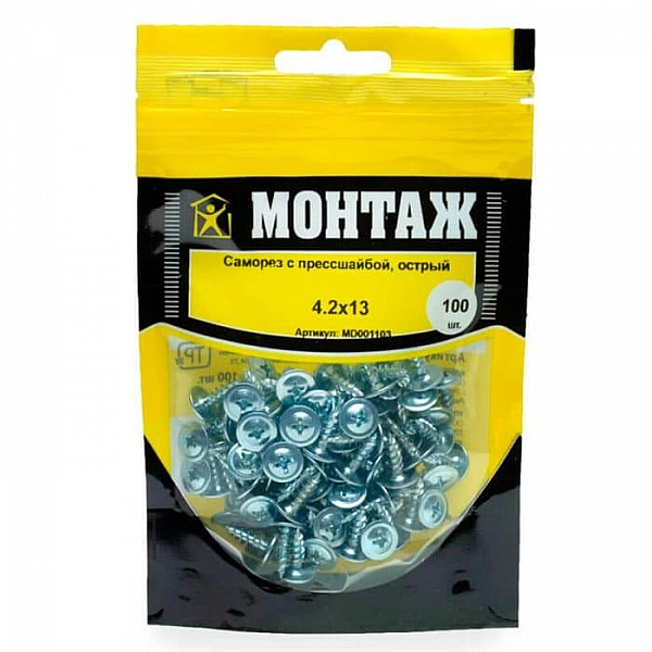 Саморез 4.2*13 мм Монтаж с прессшайбой острый цинк дой-пак S 100 шт
