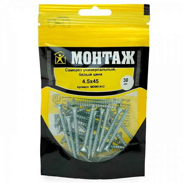 Саморез универсальный 4.5*45 мм Монтаж белый цинк дой-пак S 30 шт